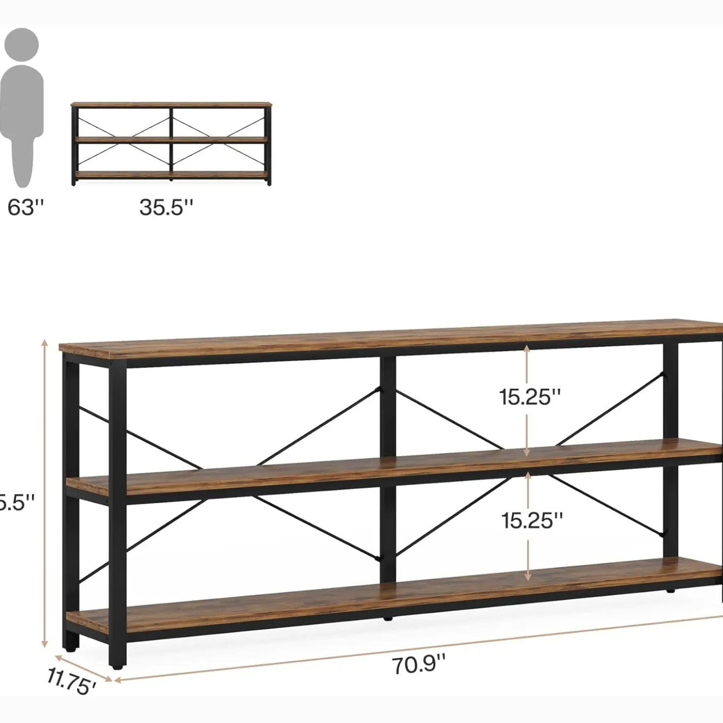 Tribesigns 70.9-Inch Extra Long Console Table, 3-Tier Industrial Sofa Table with Storage