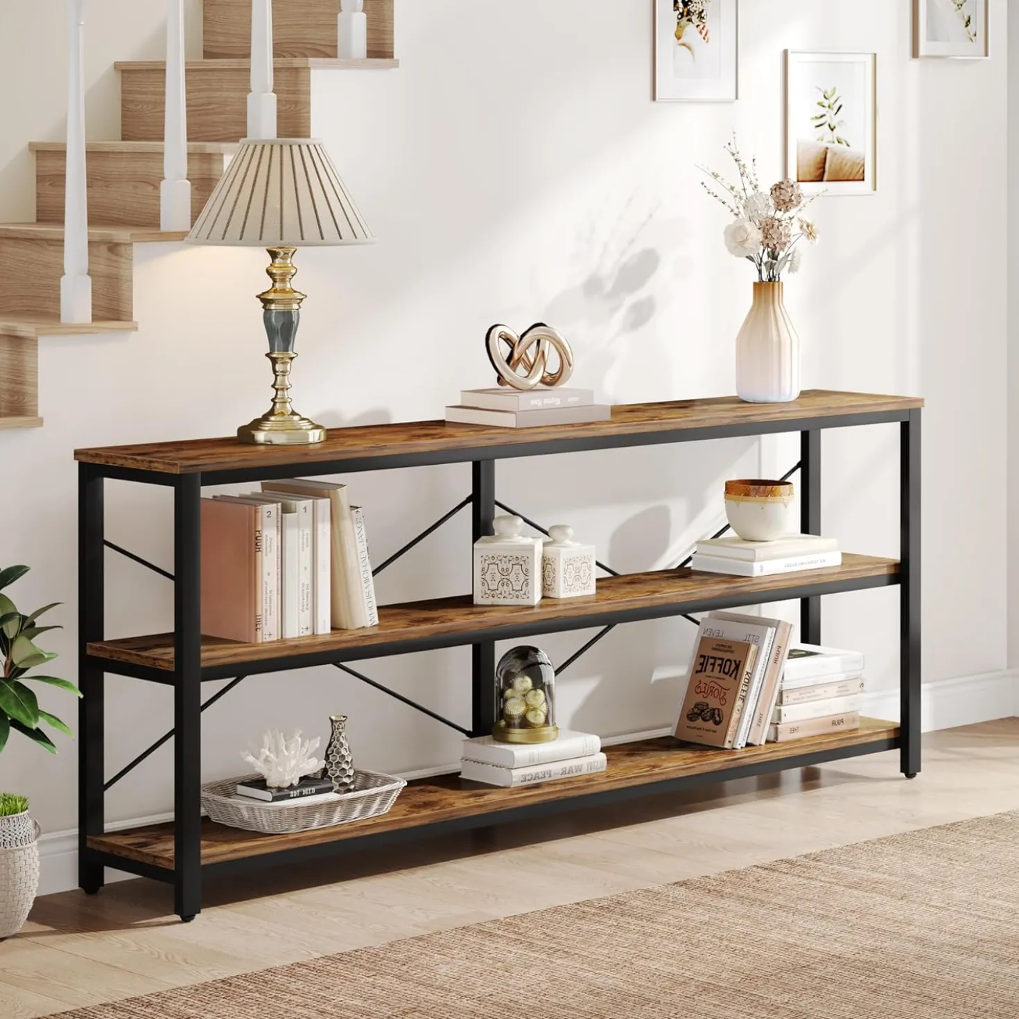Tribesigns 70.9-Inch Extra Long Console Table, 3-Tier Industrial Sofa Table with Storage