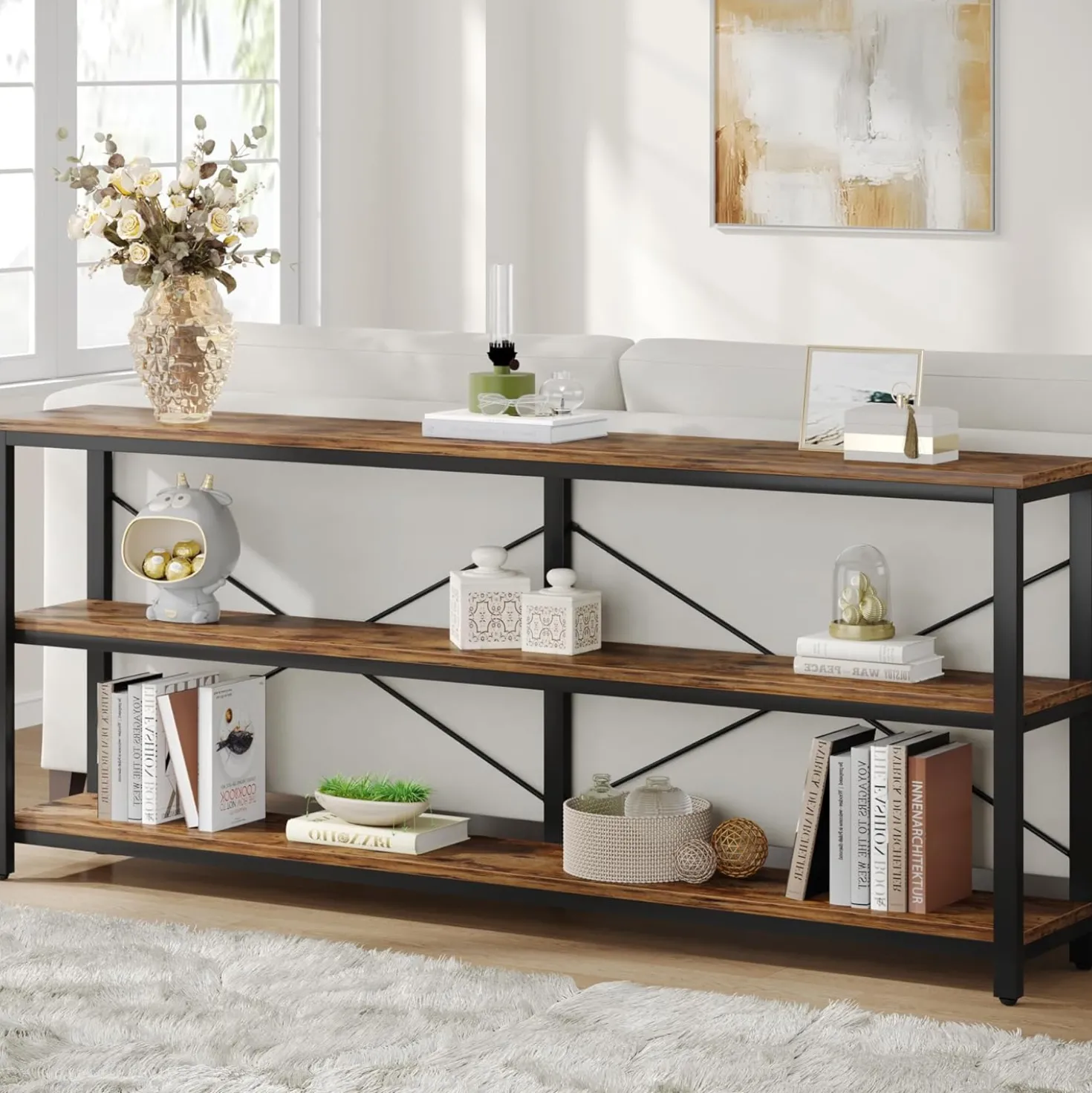 Tribesigns 70.9-Inch Extra Long Console Table, 3-Tier Industrial Sofa Table with Storage