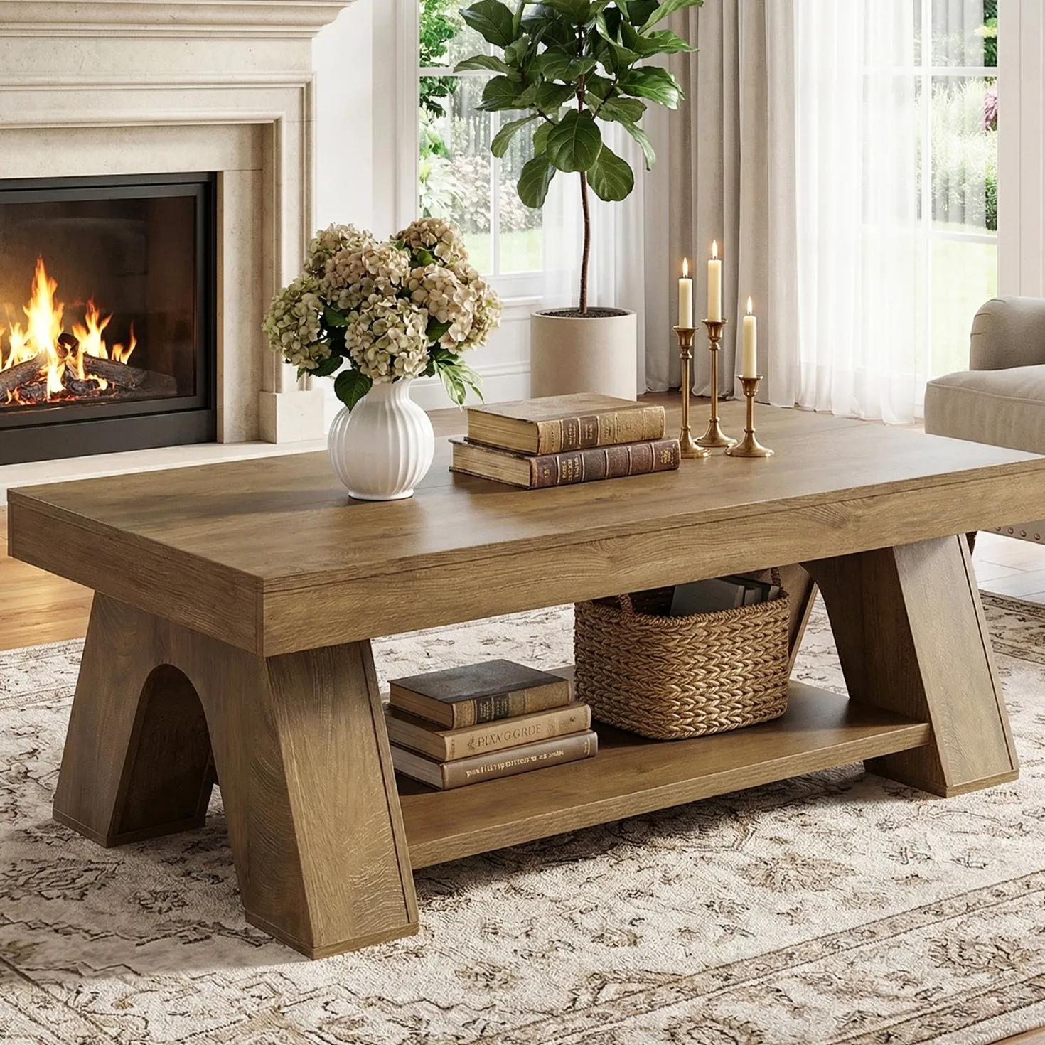Tribesigns 55.1-Inch Farmhouse Coffee Table with Storage Shelf, Large Rectangle Center Table for Living Room