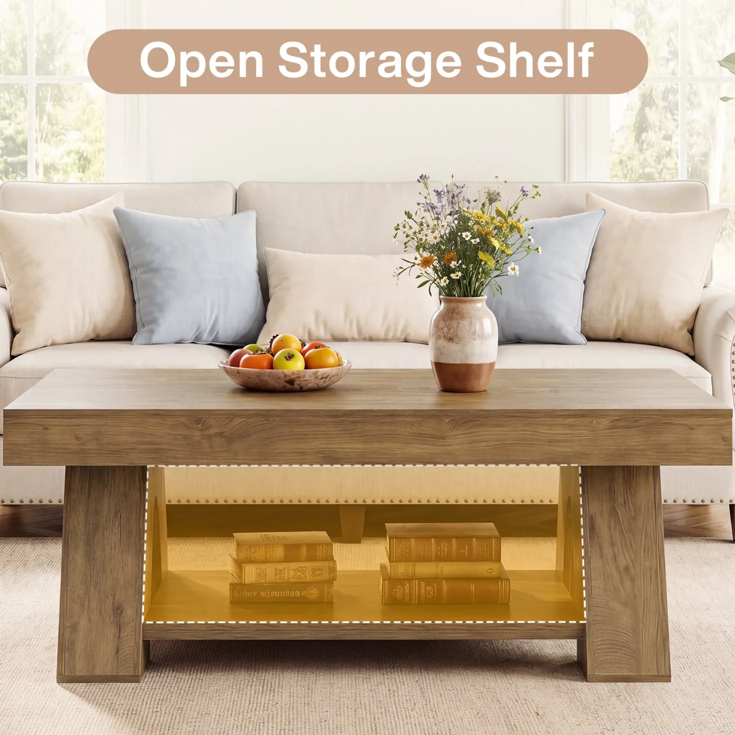 Tribesigns 55.1-Inch Farmhouse Coffee Table with Storage Shelf, Large Rectangle Center Table for Living Room