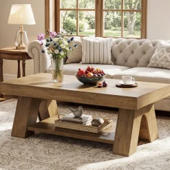 Tribesigns 55.1-Inch Farmhouse Coffee Table with Storage Shelf, Large Rectangle Center Table for Living Room
