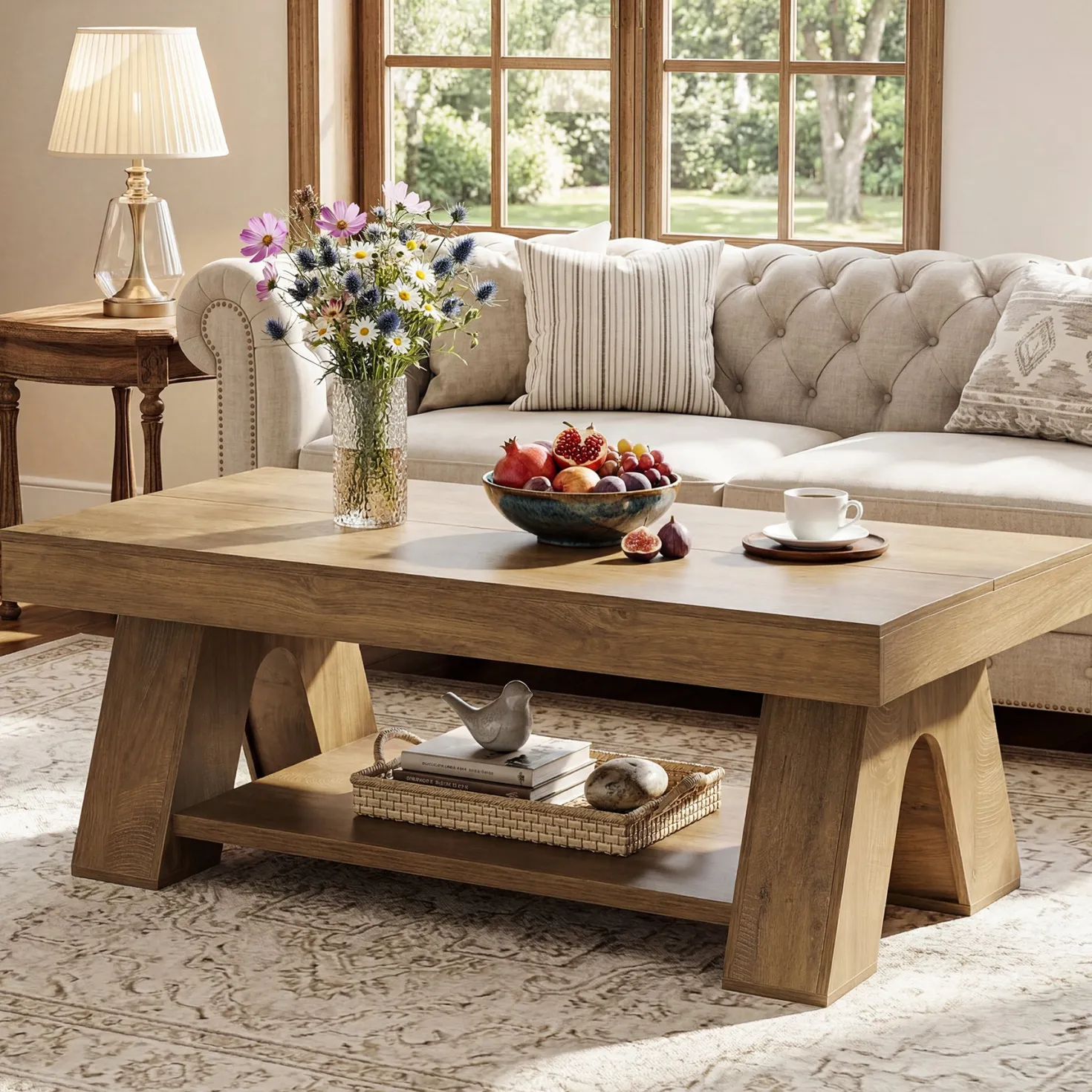 Tribesigns 55.1-Inch Farmhouse Coffee Table with Storage Shelf, Large Rectangle Center Table for Living Room