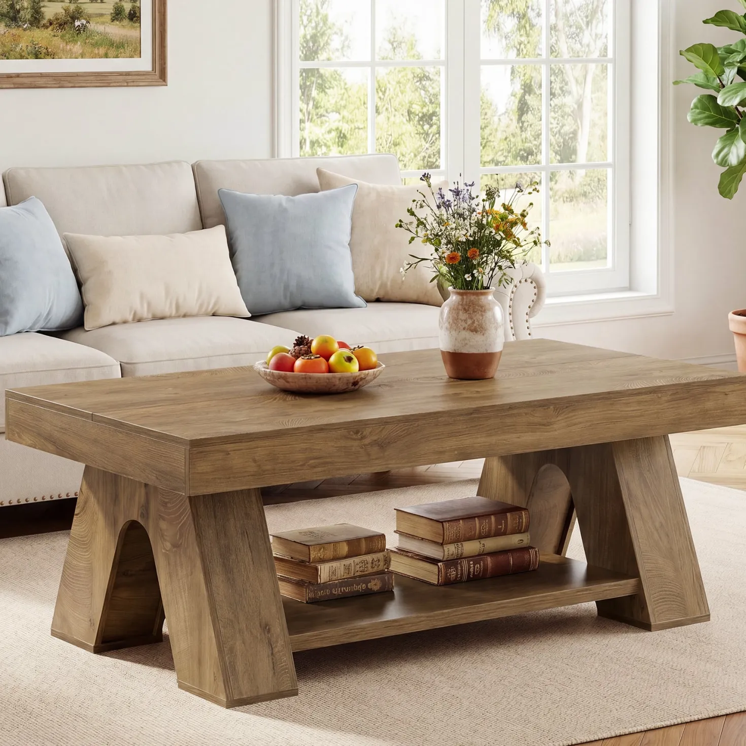 Tribesigns 55.1-Inch Farmhouse Coffee Table with Storage Shelf, Large Rectangle Center Table for Living Room