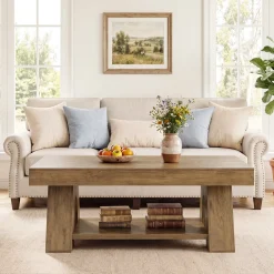 Tribesigns 55.1-Inch Farmhouse Coffee Table with Storage Shelf, Large Rectangle Center Table for Living Room