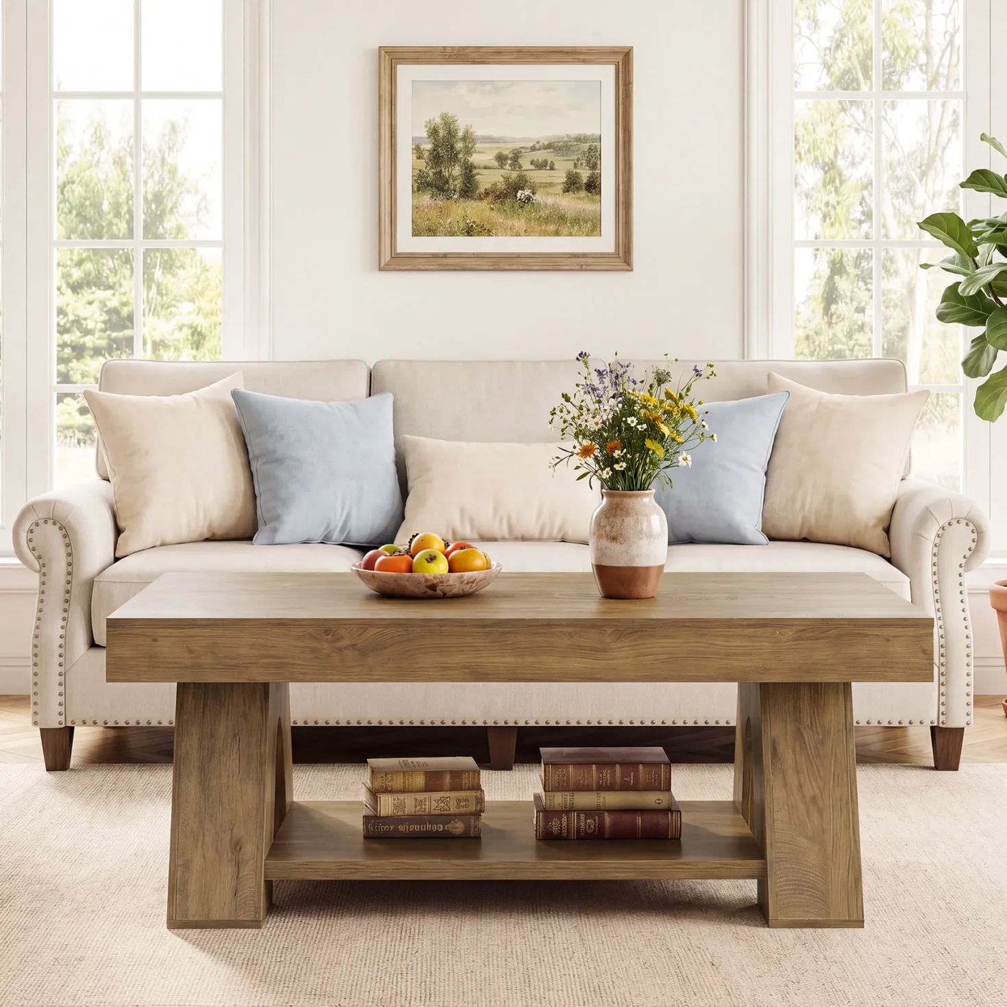 Tribesigns 55.1-Inch Farmhouse Coffee Table with Storage Shelf, Large Rectangle Center Table for Living Room