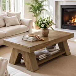 Tribesigns 55.1-Inch Farmhouse Coffee Table with Storage Shelf, Large Rectangle Center Table for Living Room