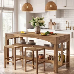 Tribesigns 59-Inch Kitchen Island, Solid Wood Island Table with 3-Tier Storage for Kitchen Dining Room