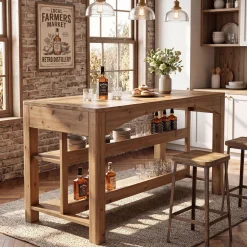 Tribesigns 59-Inch Kitchen Island, Solid Wood Island Table with 3-Tier Storage for Kitchen Dining Room