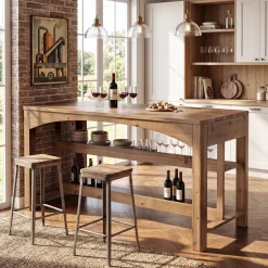 Tribesigns 59-Inch Kitchen Island, Solid Wood Island Table with 3-Tier Storage for Kitchen Dining Room