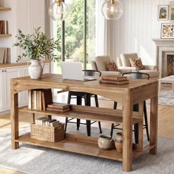 Tribesigns 59-Inch Kitchen Island, Solid Wood Island Table with 3-Tier Storage for Kitchen Dining Room