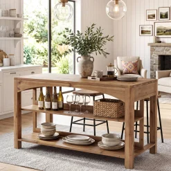 Tribesigns 59-Inch Kitchen Island, Solid Wood Island Table with 3-Tier Storage for Kitchen Dining Room