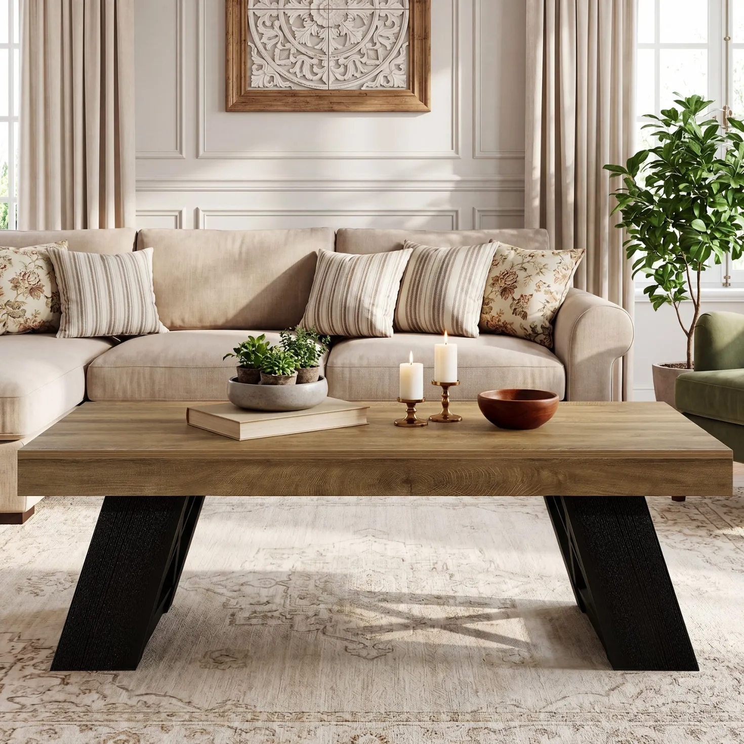 Tribesigns 55-Inch Large Coffee Table, Thick Top X-Frame Table for Living Room