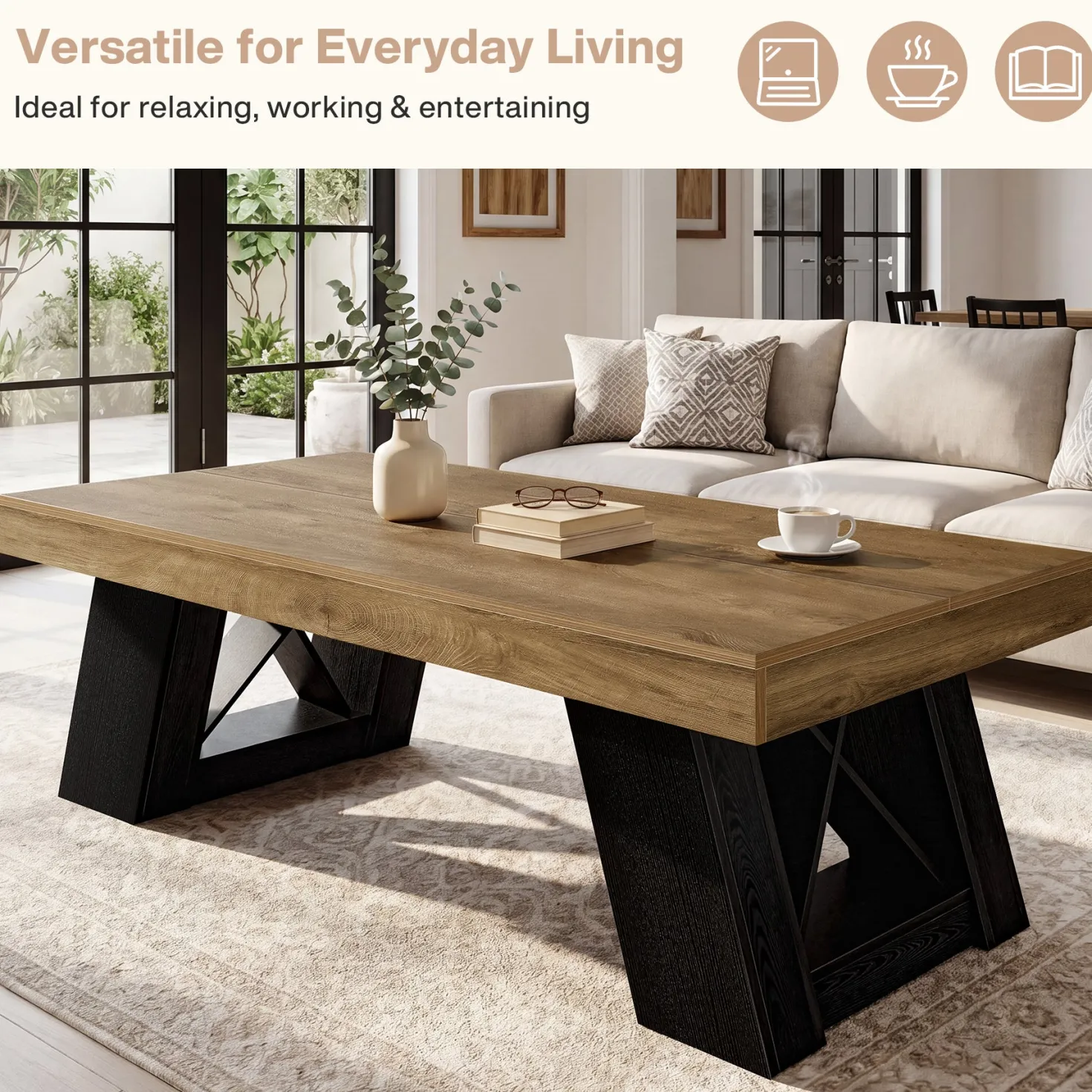 Tribesigns 55-Inch Large Coffee Table, Thick Top X-Frame Table for Living Room