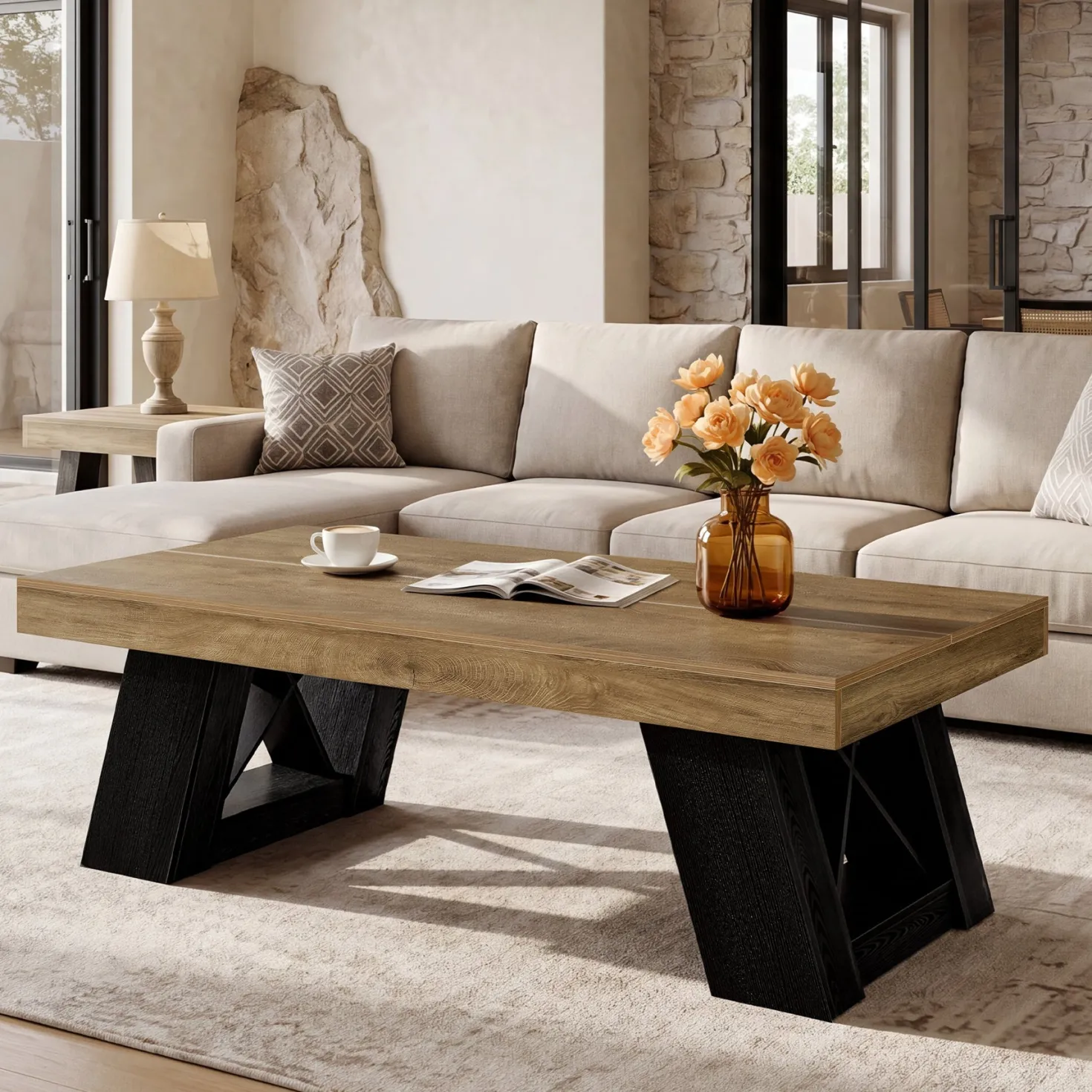 Tribesigns 55-Inch Large Coffee Table, Thick Top X-Frame Table for Living Room