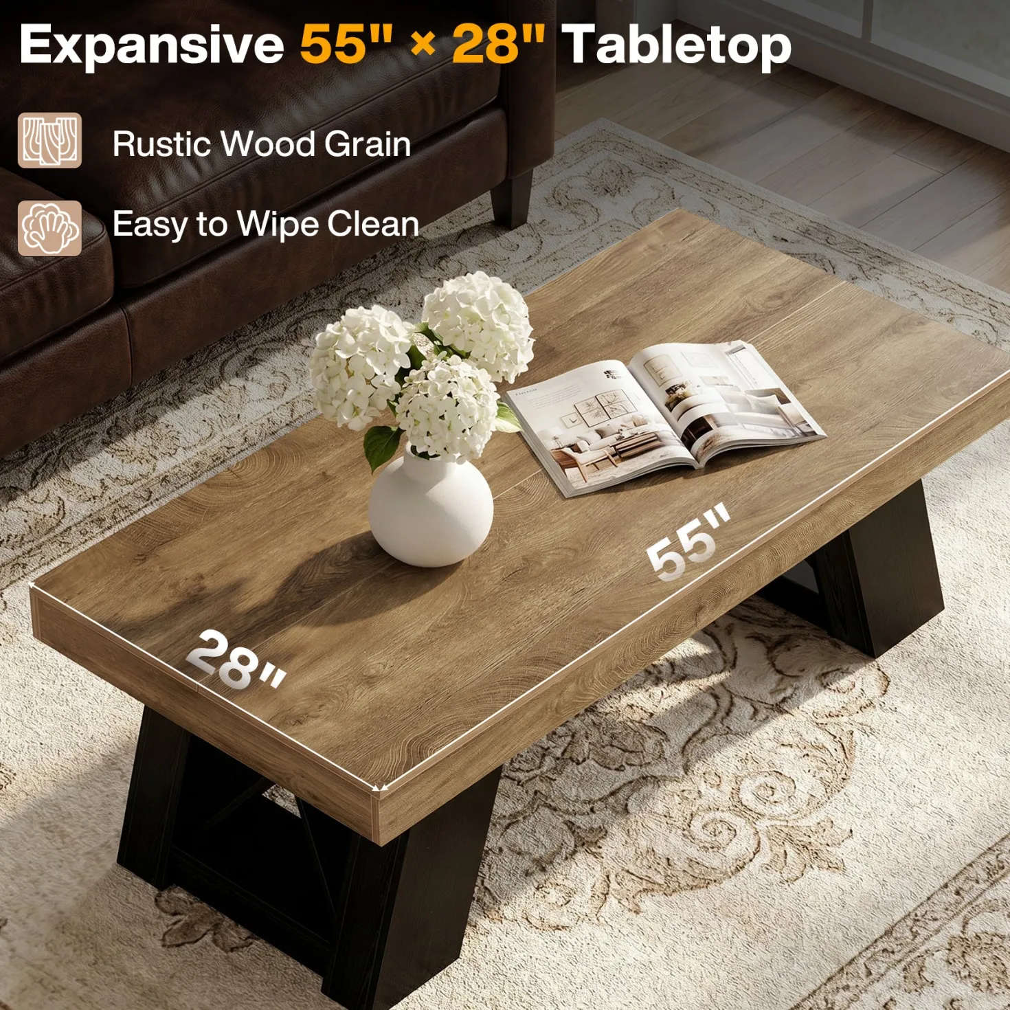Tribesigns 55-Inch Large Coffee Table, Thick Top X-Frame Table for Living Room