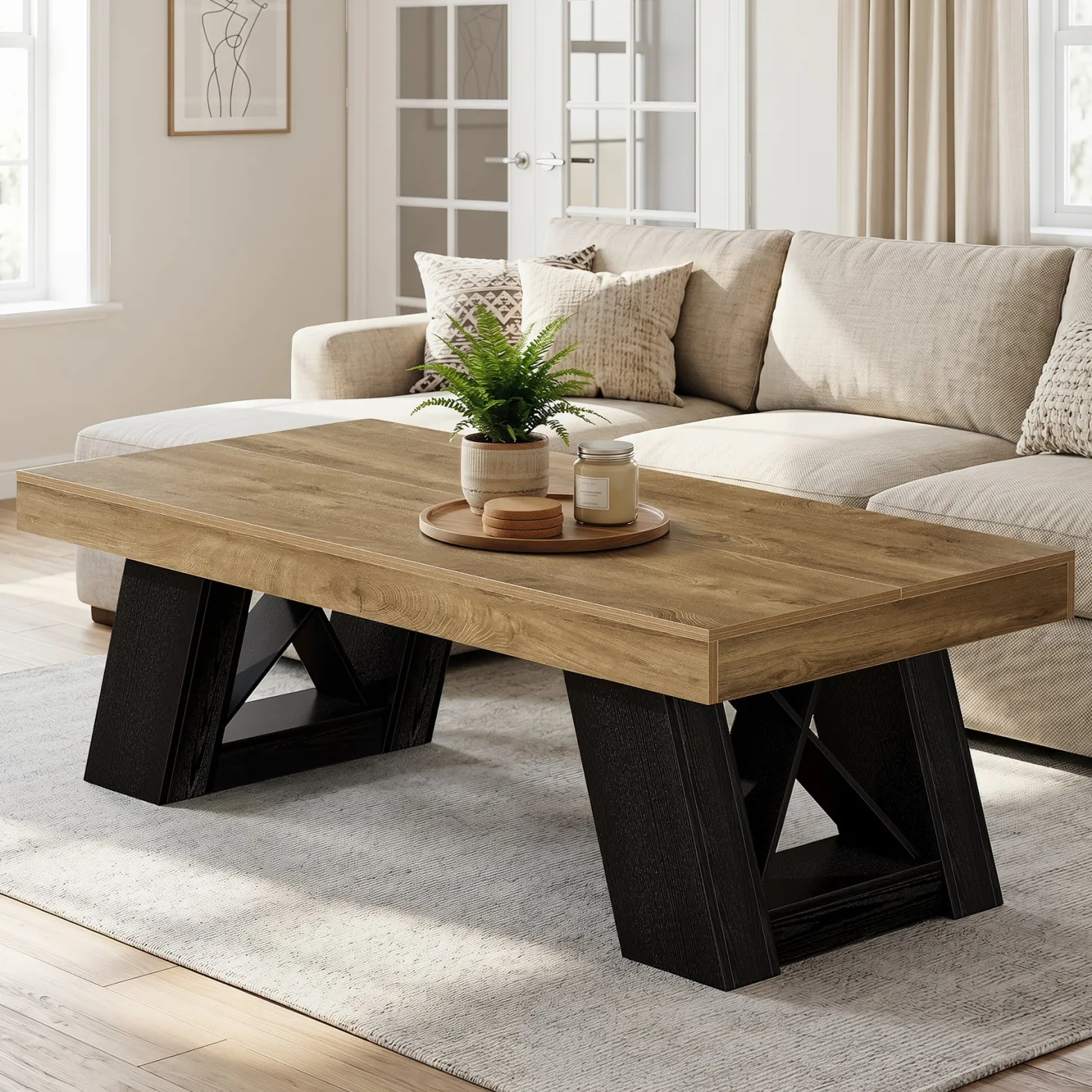 Tribesigns 55-Inch Large Coffee Table, Thick Top X-Frame Table for Living Room
