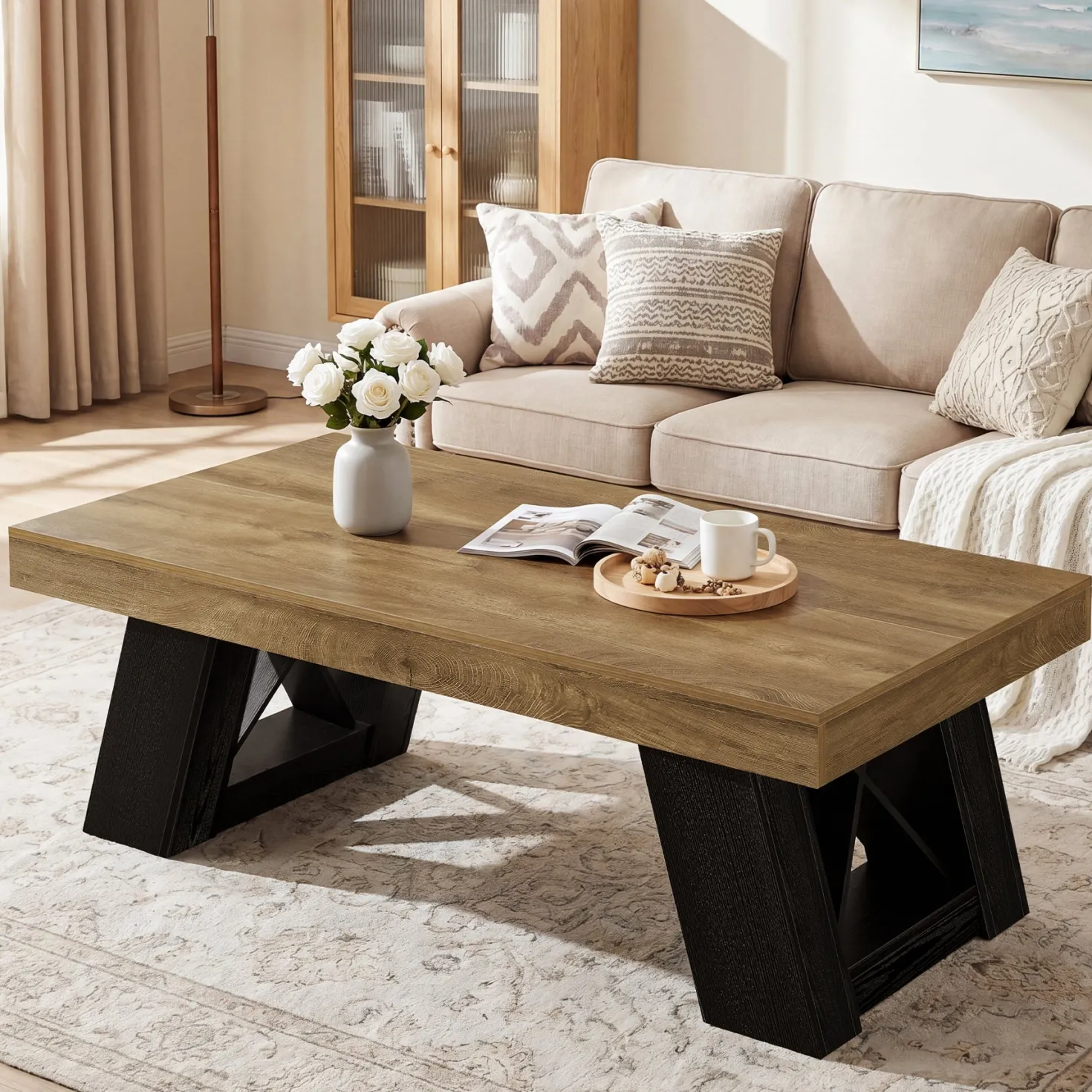 Tribesigns 55-Inch Large Coffee Table, Thick Top X-Frame Table for Living Room