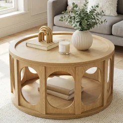 Tribesigns 31.5-Inch Modern Round Coffee Table with Open Storage Shelf, Wood Grain Center Table for Living Room