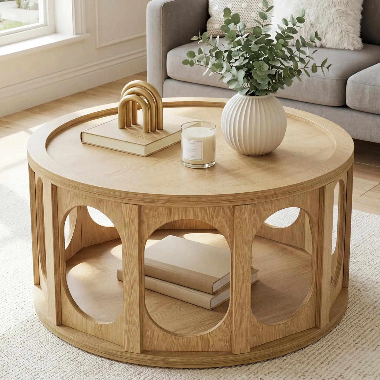 Tribesigns 31.5-Inch Modern Round Coffee Table with Open Storage Shelf, Wood Grain Center Table for Living Room
