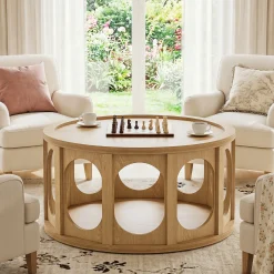 Tribesigns 31.5-Inch Modern Round Coffee Table with Open Storage Shelf, Wood Grain Center Table for Living Room