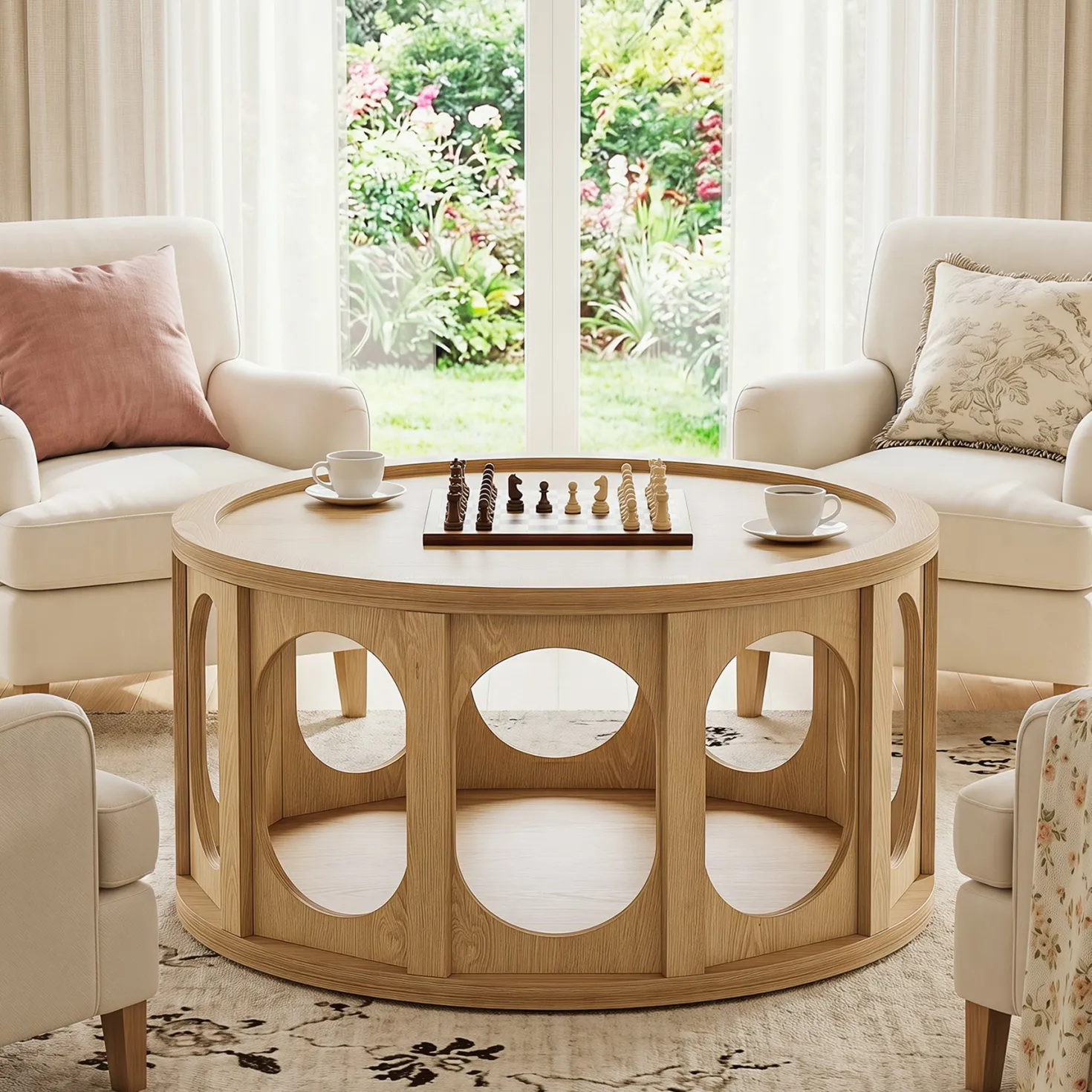 Tribesigns 31.5-Inch Modern Round Coffee Table with Open Storage Shelf, Wood Grain Center Table for Living Room