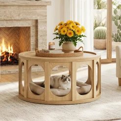 Tribesigns 31.5-Inch Modern Round Coffee Table with Open Storage Shelf, Wood Grain Center Table for Living Room