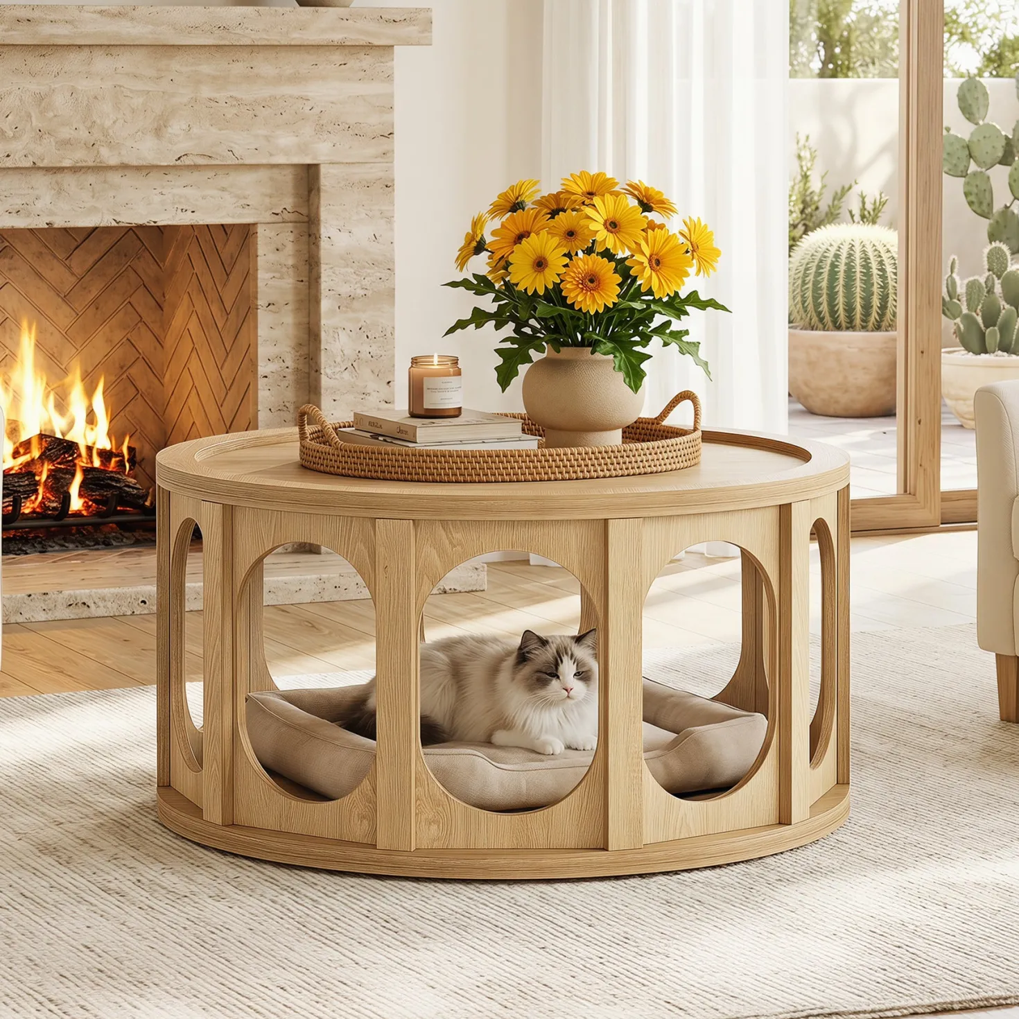 Tribesigns 31.5-Inch Modern Round Coffee Table with Open Storage Shelf, Wood Grain Center Table for Living Room