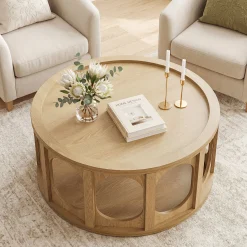Tribesigns 31.5-Inch Modern Round Coffee Table with Open Storage Shelf, Wood Grain Center Table for Living Room