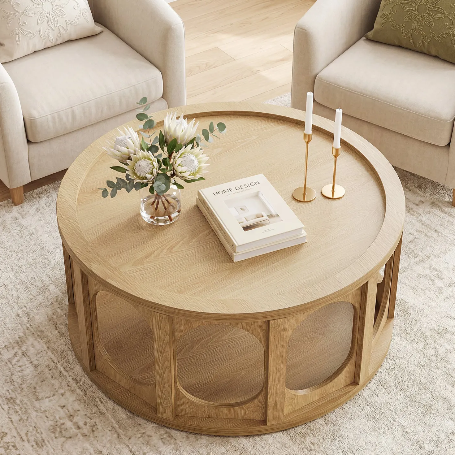 Tribesigns 31.5-Inch Modern Round Coffee Table with Open Storage Shelf, Wood Grain Center Table for Living Room