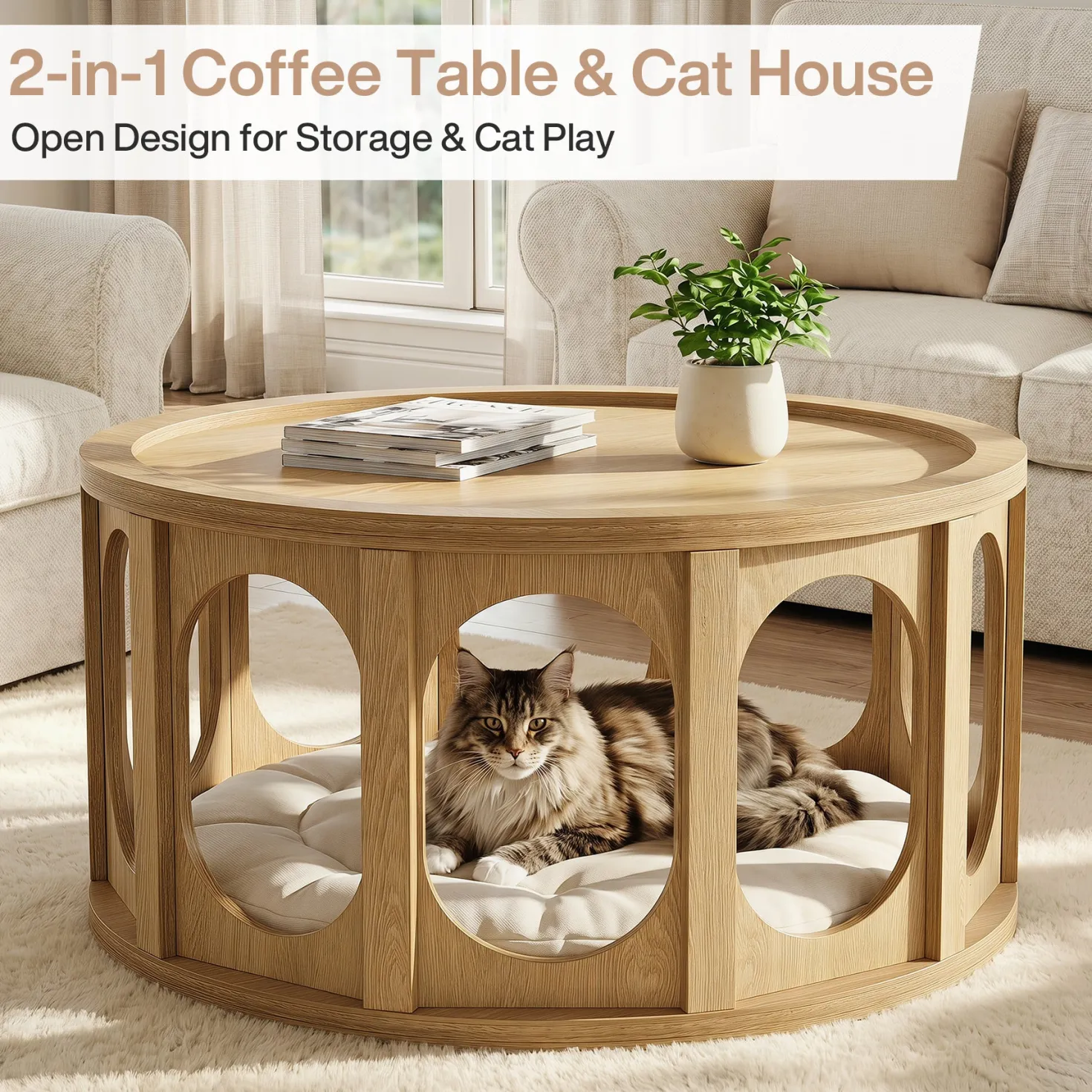 Tribesigns 31.5-Inch Modern Round Coffee Table with Open Storage Shelf, Wood Grain Center Table for Living Room
