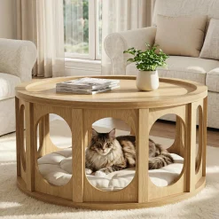 Tribesigns 31.5-Inch Modern Round Coffee Table with Open Storage Shelf, Wood Grain Center Table for Living Room