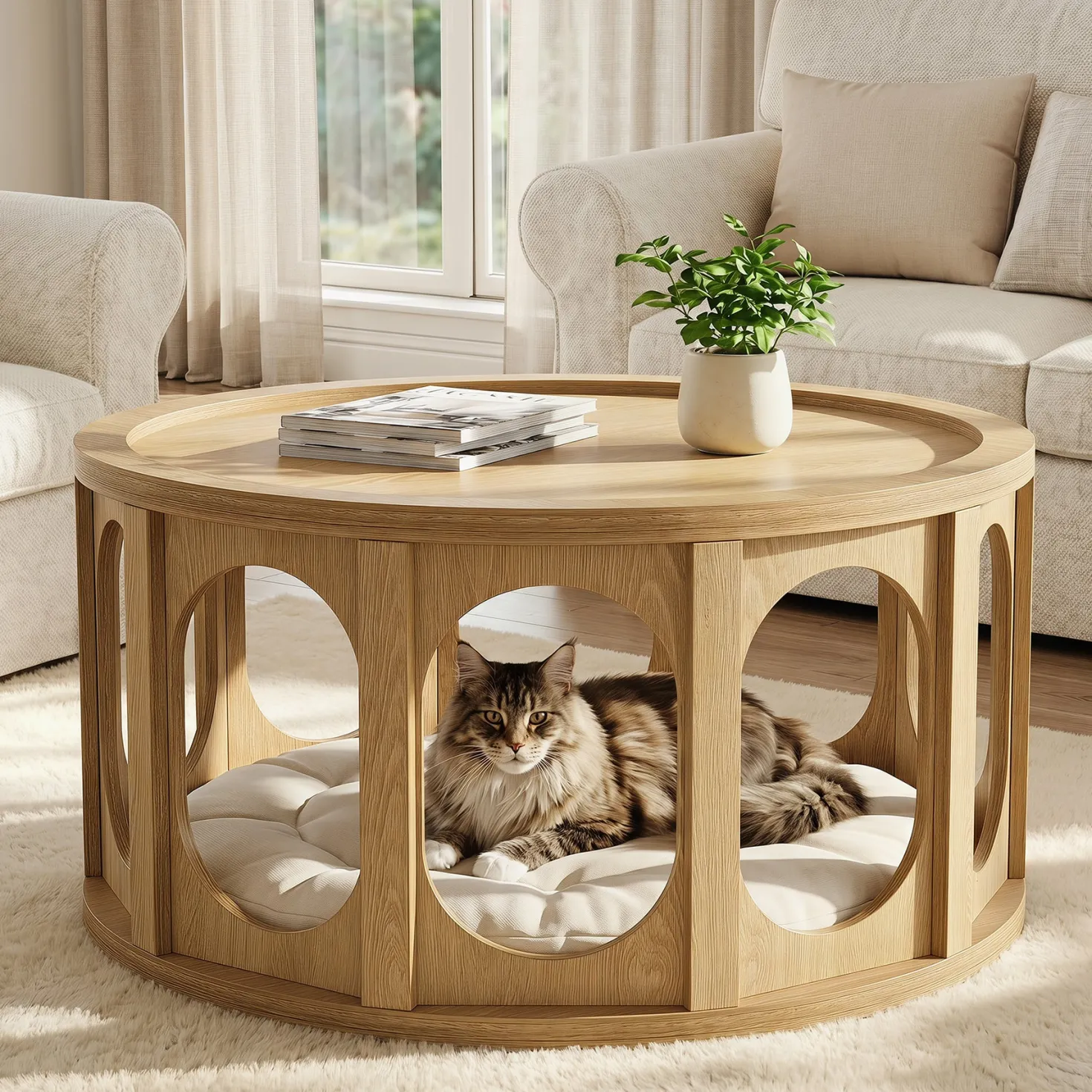 Tribesigns 31.5-Inch Modern Round Coffee Table with Open Storage Shelf, Wood Grain Center Table for Living Room