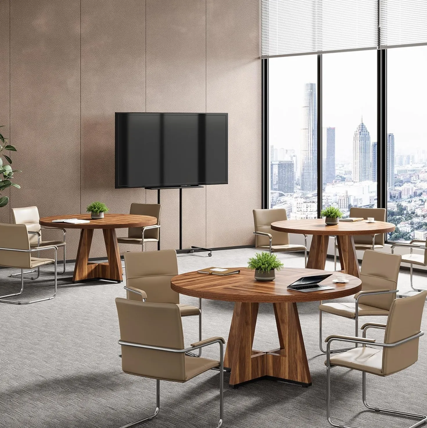 Tribesigns 47-Inch Round Conference Table for 4-6 People, Wooden Base and Thickened Top