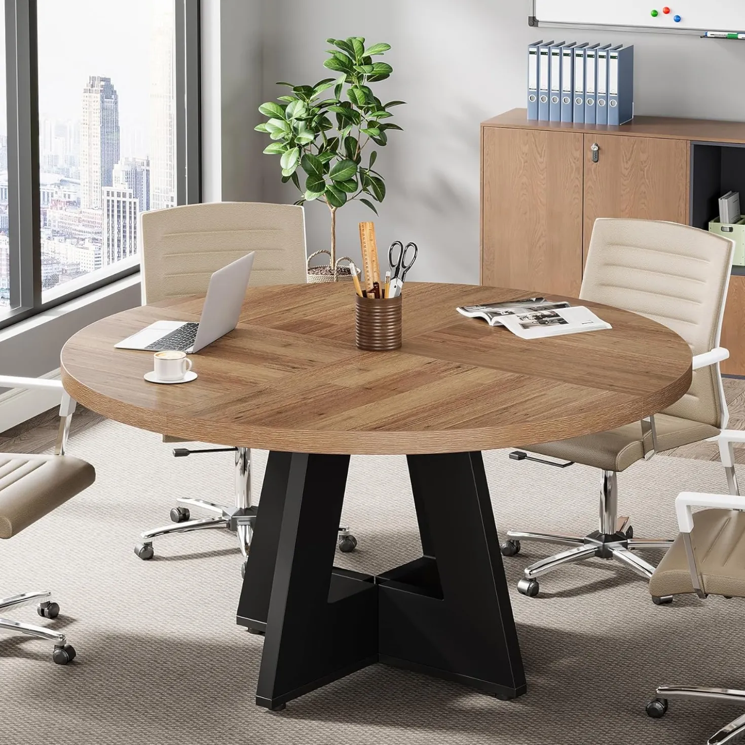 Tribesigns 47-Inch Round Conference Table for 4-6 People, Wooden Base and Thickened Top