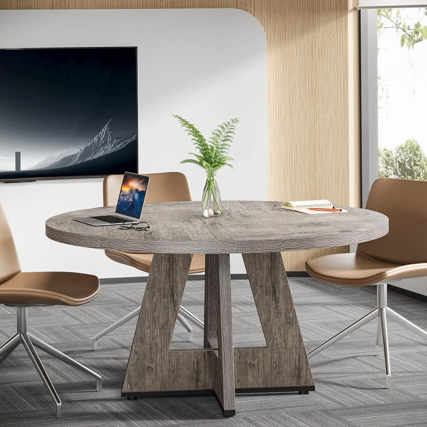 Tribesigns 47-Inch Round Conference Table for 4-6 People, Wooden Base and Thickened Top