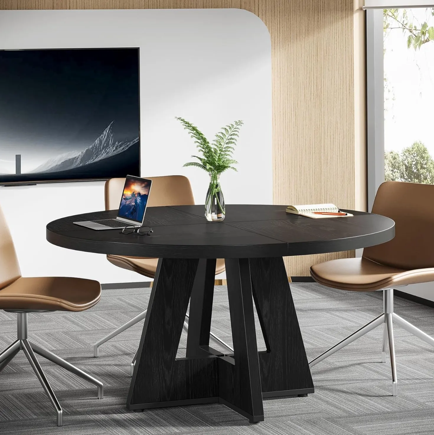 Tribesigns 47-Inch Round Conference Table for 4-6 People, Wooden Base and Thickened Top