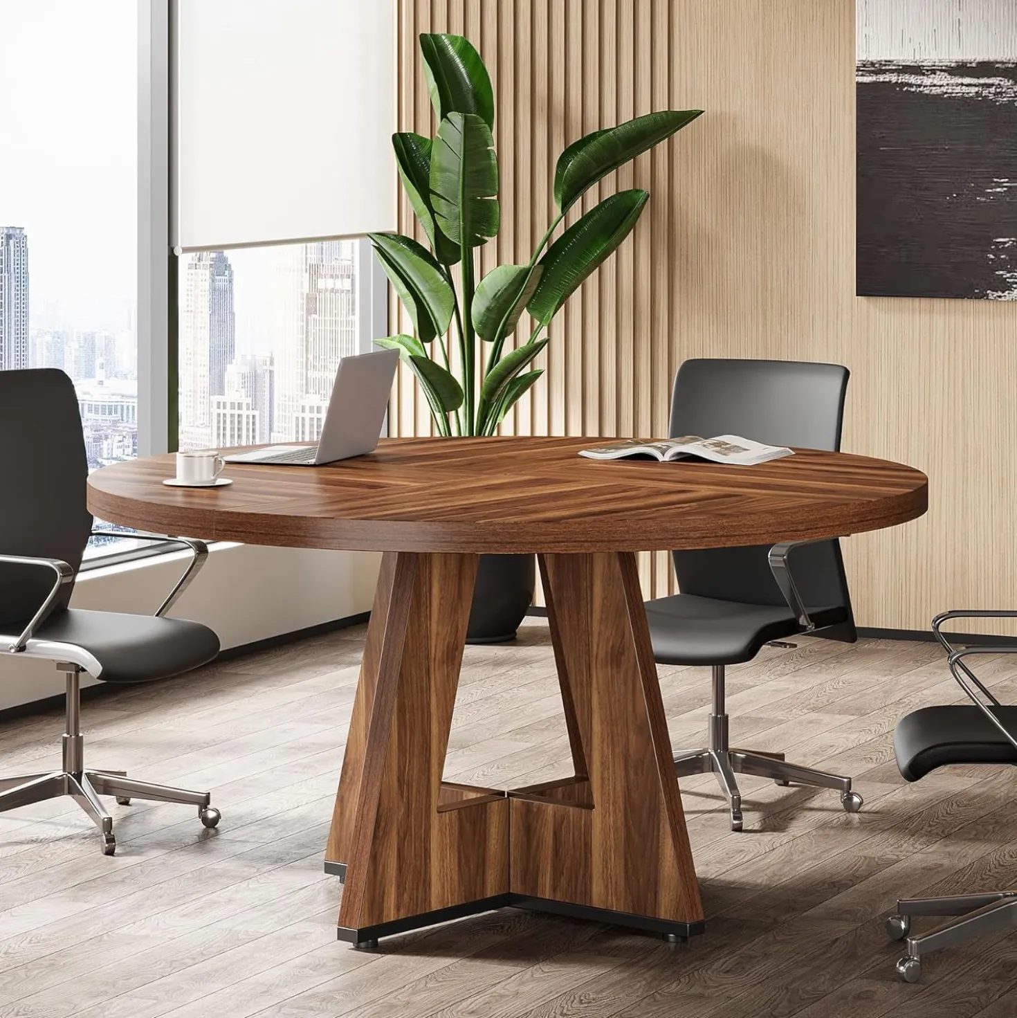 Tribesigns 47-Inch Round Conference Table for 4-6 People, Wooden Base and Thickened Top