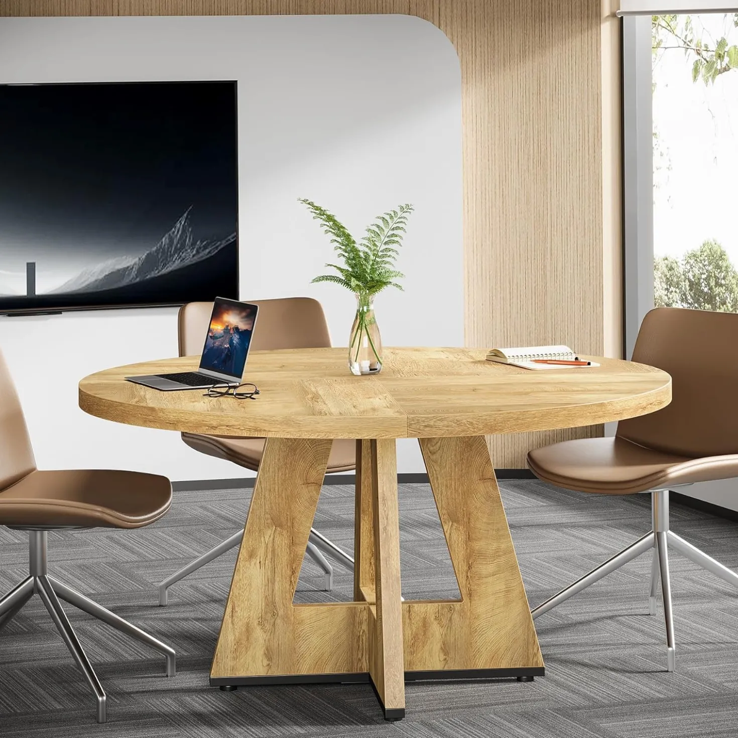 Tribesigns 47-Inch Round Conference Table for 4-6 People, Wooden Base and Thickened Top