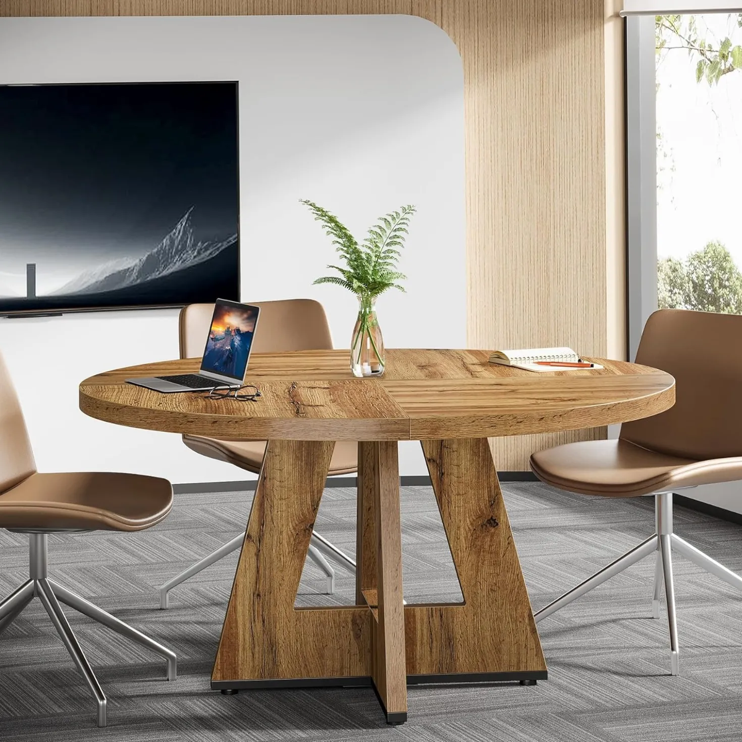 Tribesigns 47-Inch Round Conference Table for 4-6 People, Wooden Base and Thickened Top