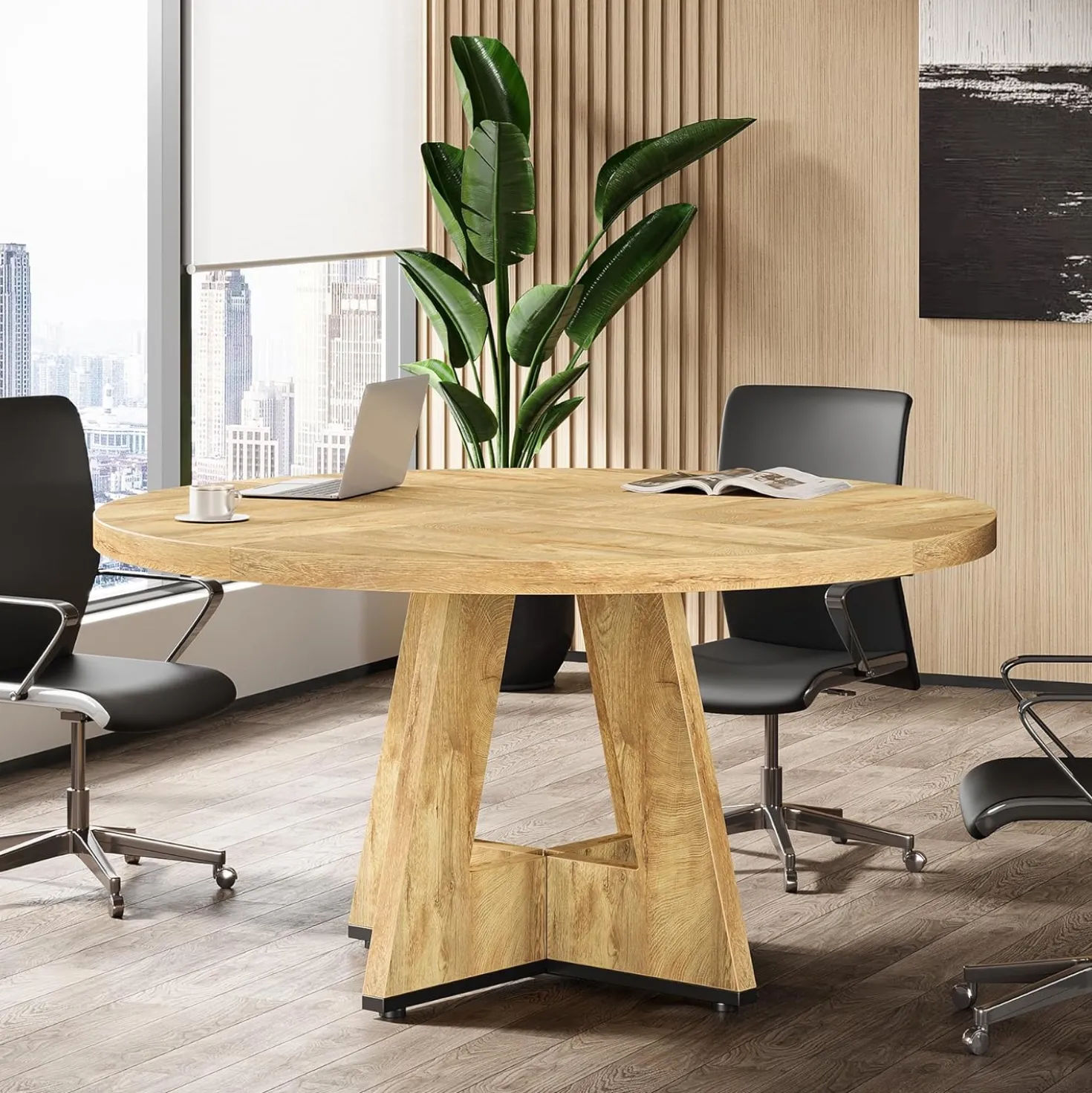 Tribesigns 47-Inch Round Conference Table for 4-6 People, Wooden Base and Thickened Top