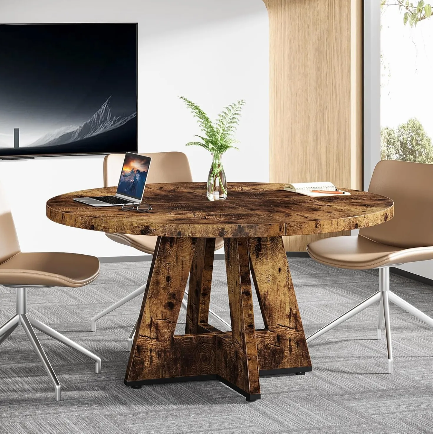 Tribesigns 47-Inch Round Conference Table for 4-6 People, Wooden Base and Thickened Top