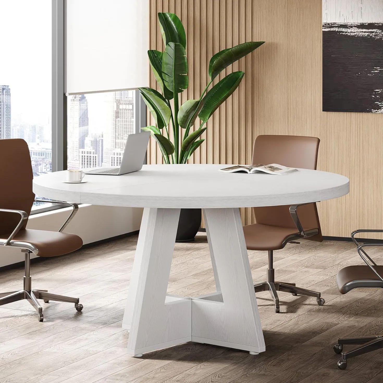 Tribesigns 47-Inch Round Conference Table for 4-6 People, Wooden Base and Thickened Top