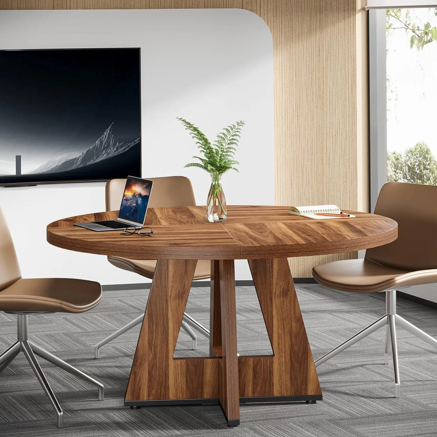 Tribesigns 47-Inch Round Conference Table for 4-6 People, Wooden Base and Thickened Top