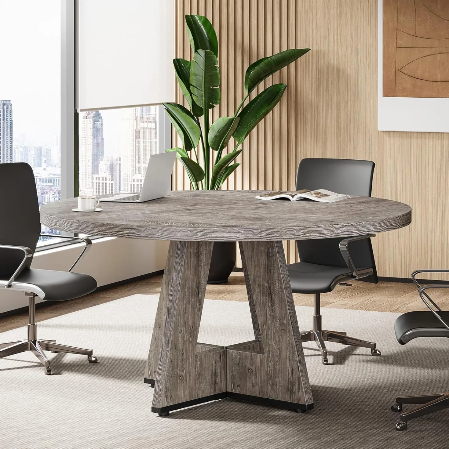 Tribesigns 47-Inch Round Conference Table for 4-6 People, Wooden Base and Thickened Top