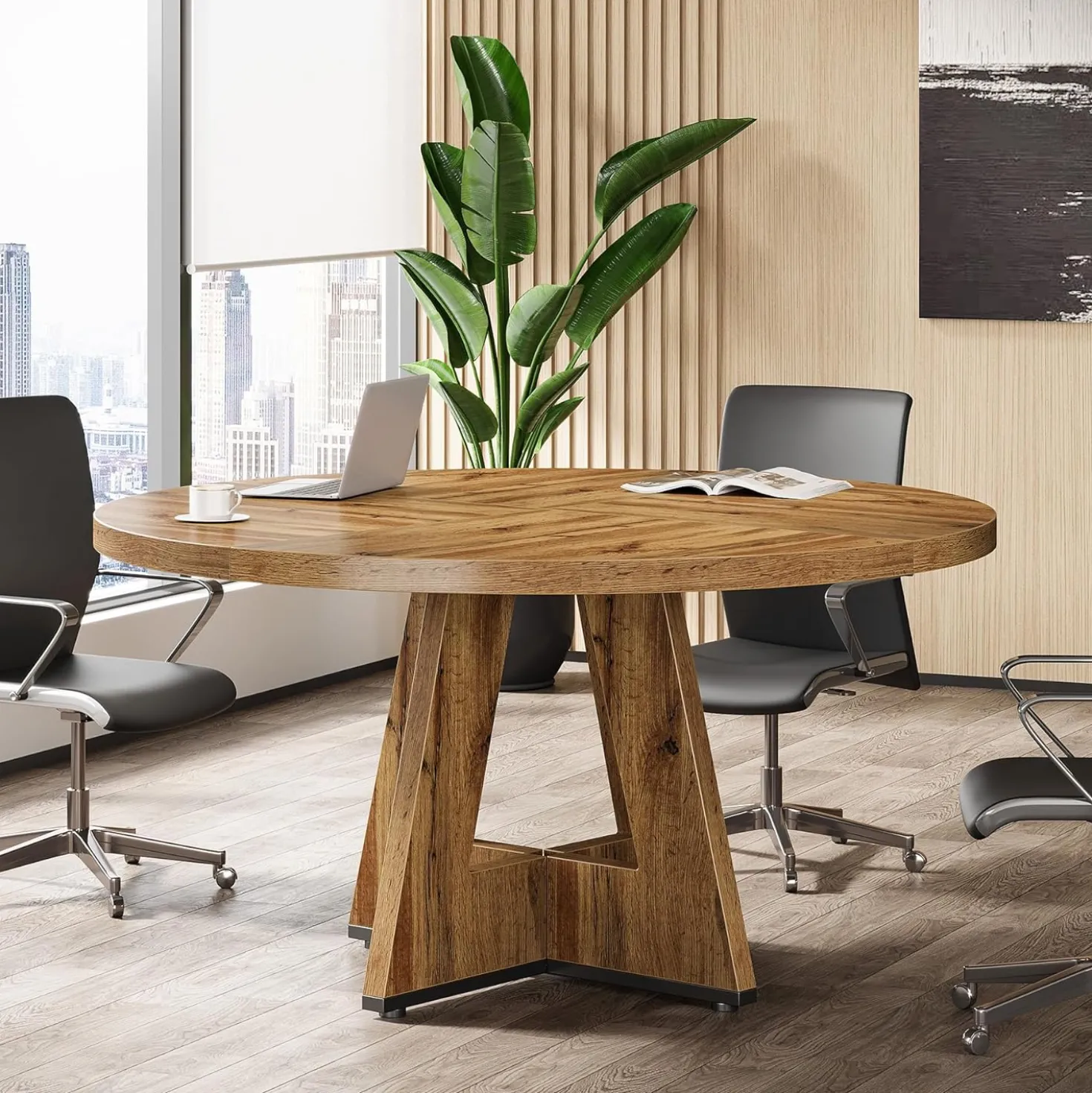 Tribesigns 47-Inch Round Conference Table for 4-6 People, Wooden Base and Thickened Top