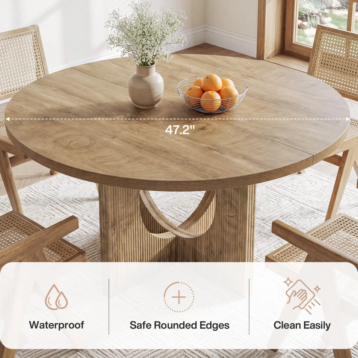 Tribesigns 47-Inch Round Dining Table with Fluted Pedestal Base, Farmhouse Kitchen Table for 4-6 People and Apartments