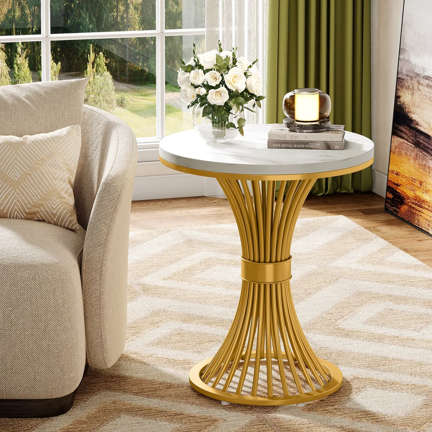 Tribesigns 20-Inch Round End Table, Faux Marble Side Table with Gold Metal Base
