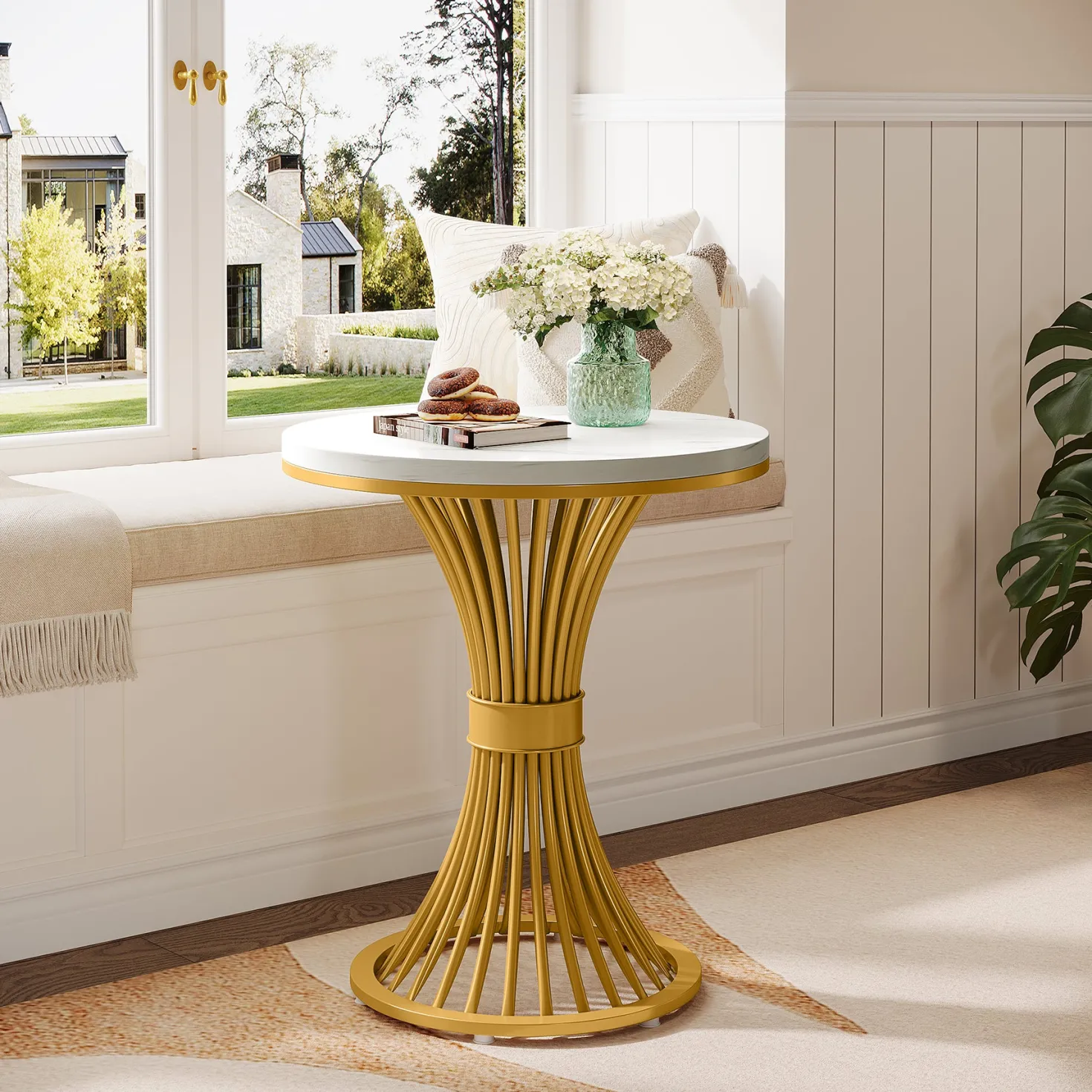 Tribesigns 20-Inch Round End Table, Faux Marble Side Table with Gold Metal Base
