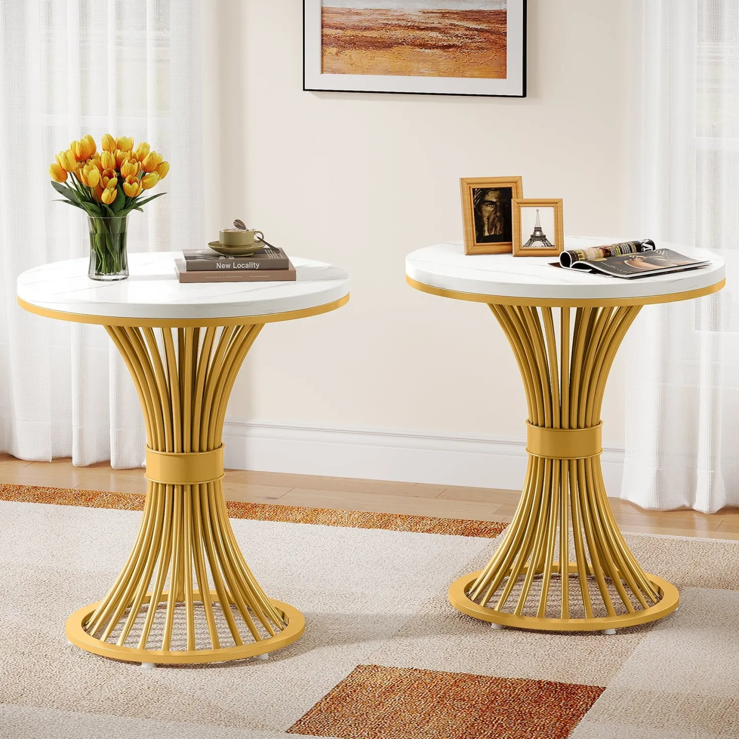 Tribesigns 20-Inch Round End Table, Faux Marble Side Table with Gold Metal Base